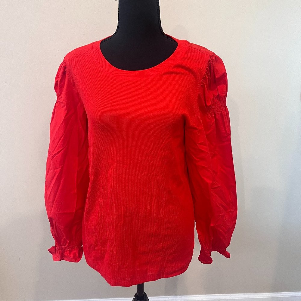 Loft Womens Red Crew neck pleated sleeve